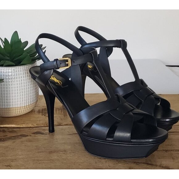 New In Box SAINT LAURENT Tribute 75 mm Black Leather Woven Platform Sandal 10 - Picture 5 of 16